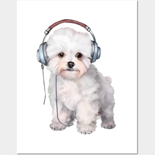 Watercolor Bichon Frise Dog with Headphones Posters and Art